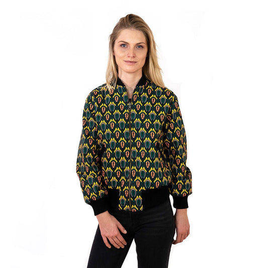 Schwarze Damen Bomberjacke mit grün gelbem Print 'Peacock - Khala