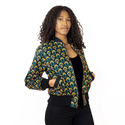 Schwarze Damen Bomberjacke mit grün gelbem Print 'Peacock - Khala