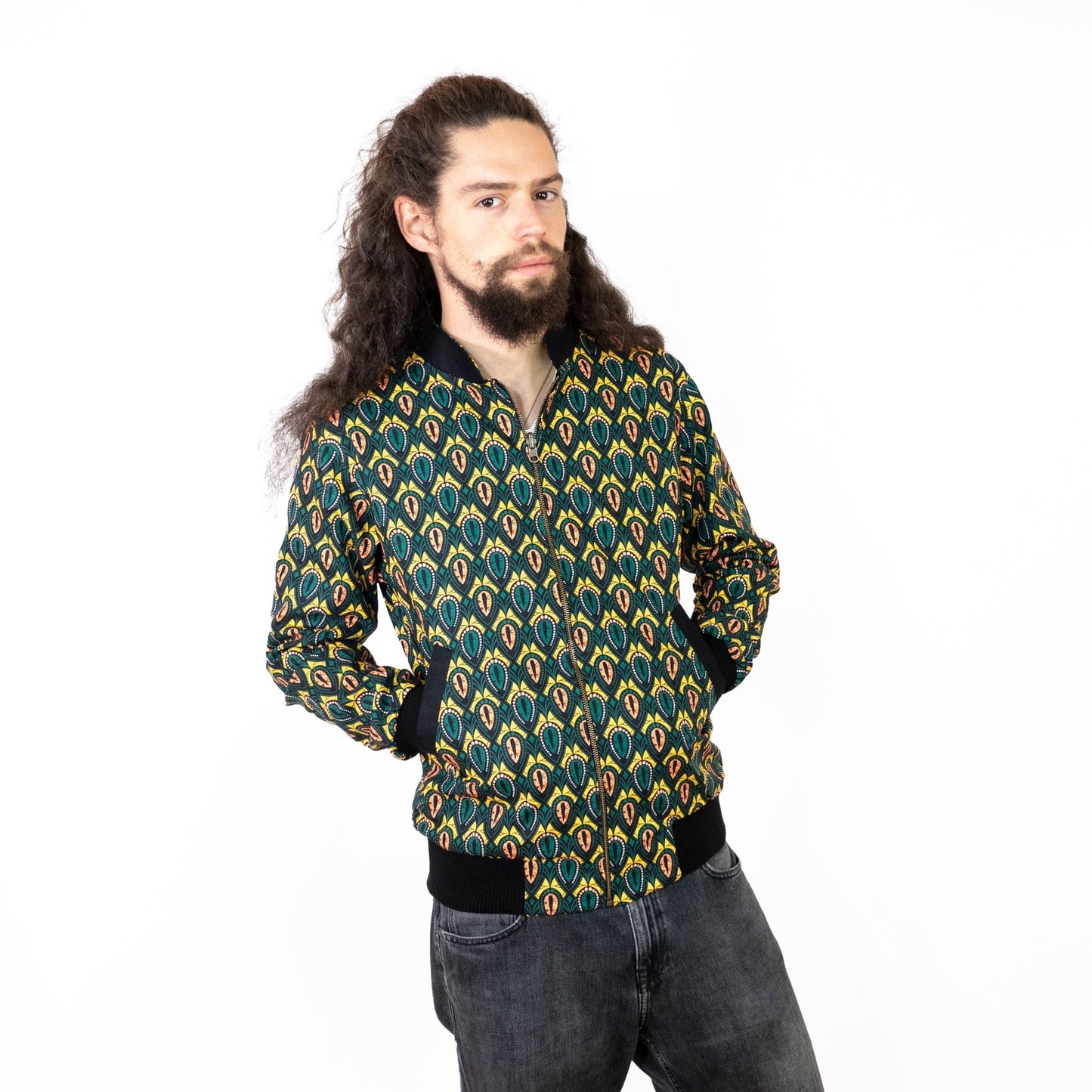 Faire Bomberjacke Herren mit 'Peacock' Print - Khala