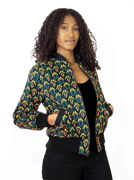 Faire Bomberjacke Frauen mit 'Peacock' Print - Khala