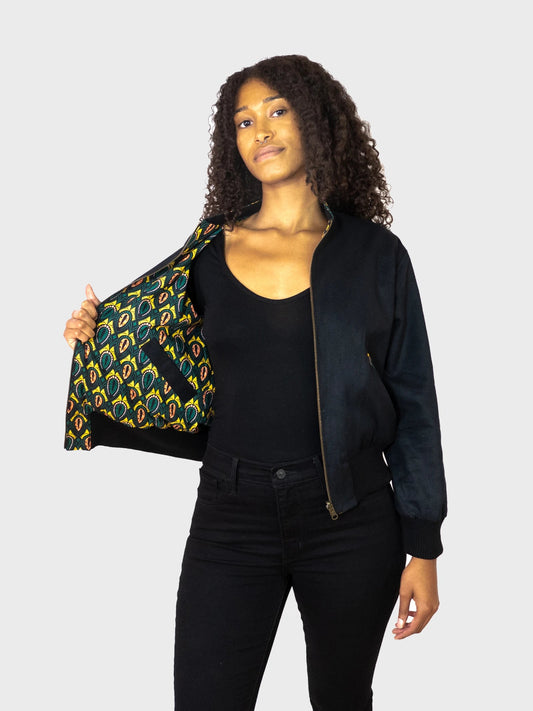 Schwarze Damen Wendejacke mit grün gelbem Print 'Peacock - Khala
