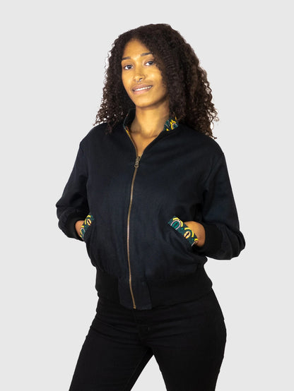 Schwarze Damen Wendejacke mit grün gelbem Print 'Peacock - Khala