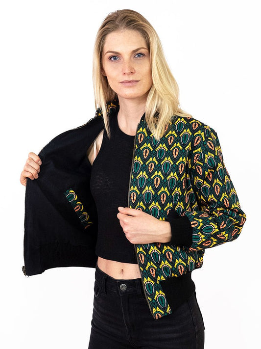 Schwarze Damen Wendejacke mit grün gelbem Print 'Peacock - Khala