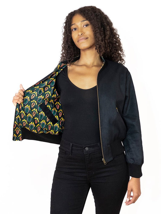 Schwarze Damen Wendejacke mit grün gelbem Print 'Peacock - Khala