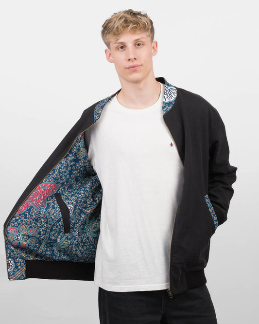 Schwarze Herren Hanf Wendejacke mit blauem Print 'Moongarden' - Khala