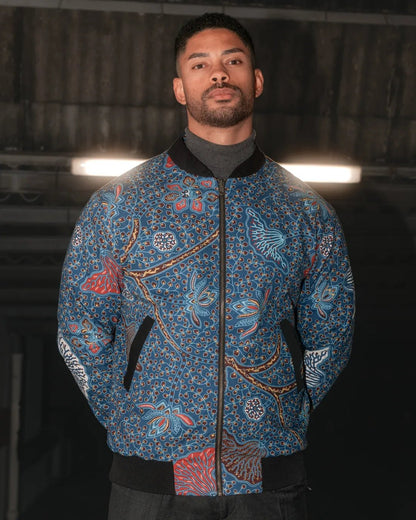 Schwarze Herren Hanf Wendejacke mit blauem Print 'Moongarden' - Khala