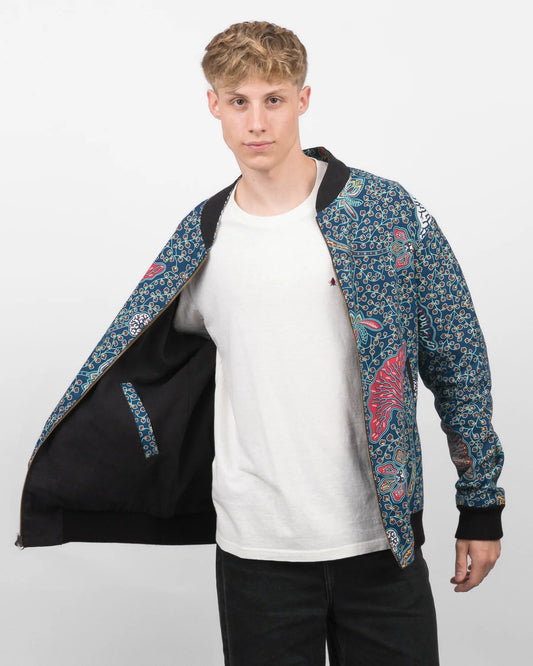 Schwarze Herren Hanf Wendejacke mit blauem Print 'Moongarden' - Khala