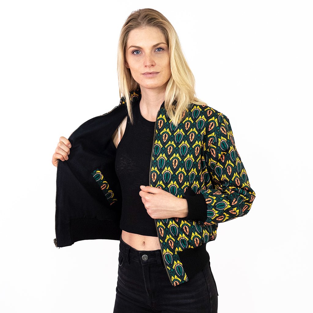 Schwarze Damen Wendejacke mit grün gelbem Print 'Peacock - Khala