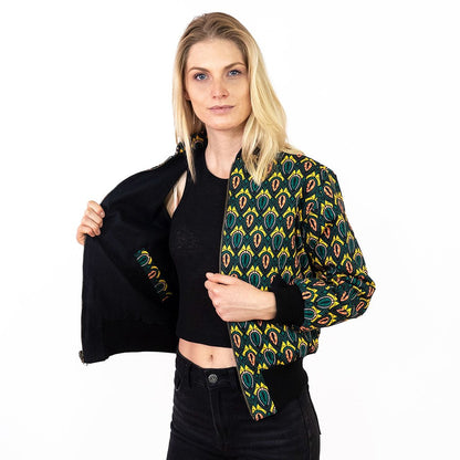 Schwarze Damen Wendejacke mit grün gelbem Print 'Peacock - Khala