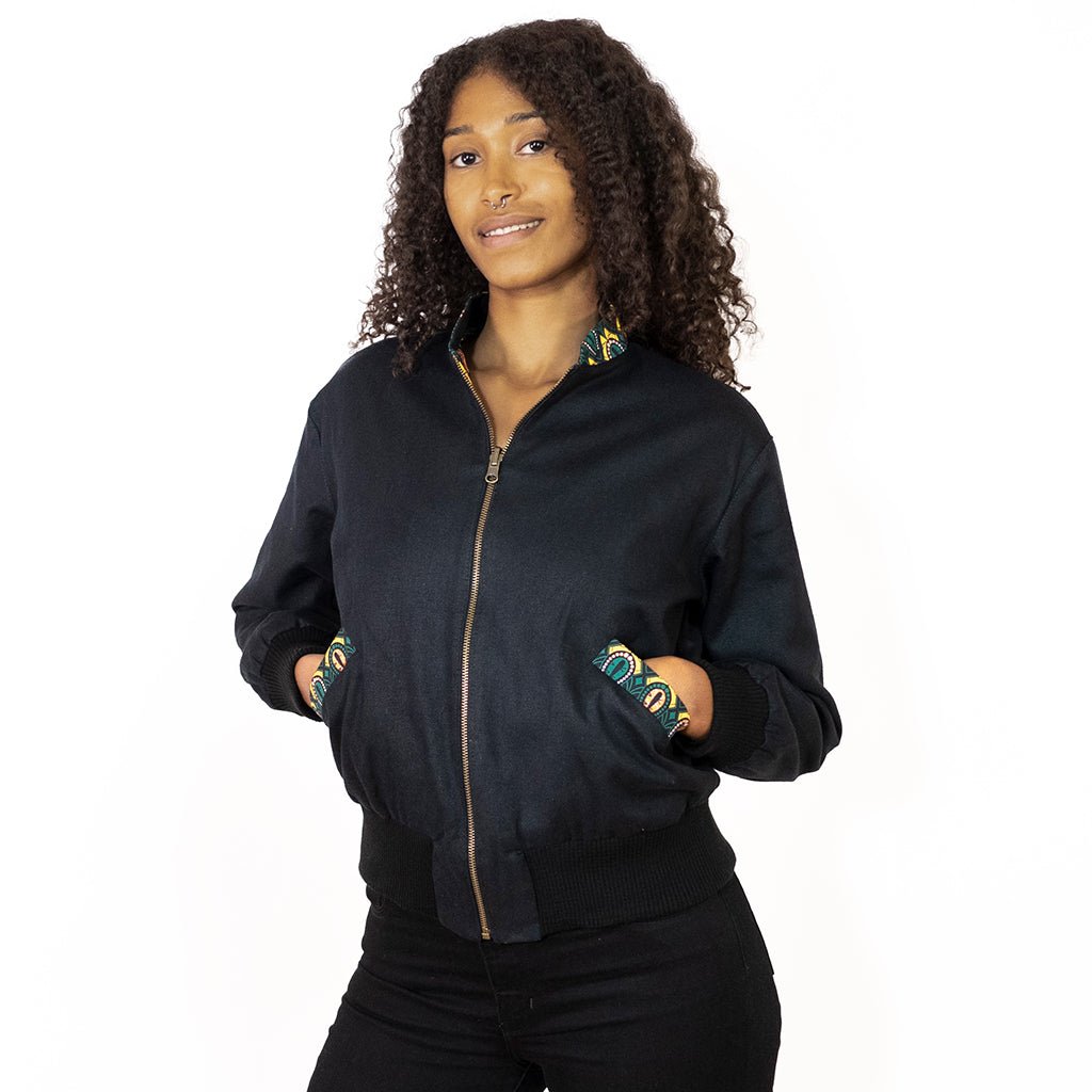 Schwarze Damen Wendejacke mit grün gelbem Print 'Peacock - Khala