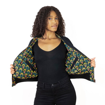 Schwarze Damen Wendejacke mit grün gelbem Print 'Peacock - Khala