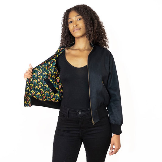 Schwarze Damen Wendejacke mit grün gelbem Print 'Peacock - Khala