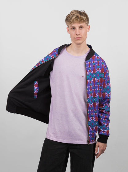 Schwarze Herren Hanf Wendejacke mit lila Print 'Da ma hua' - Khala